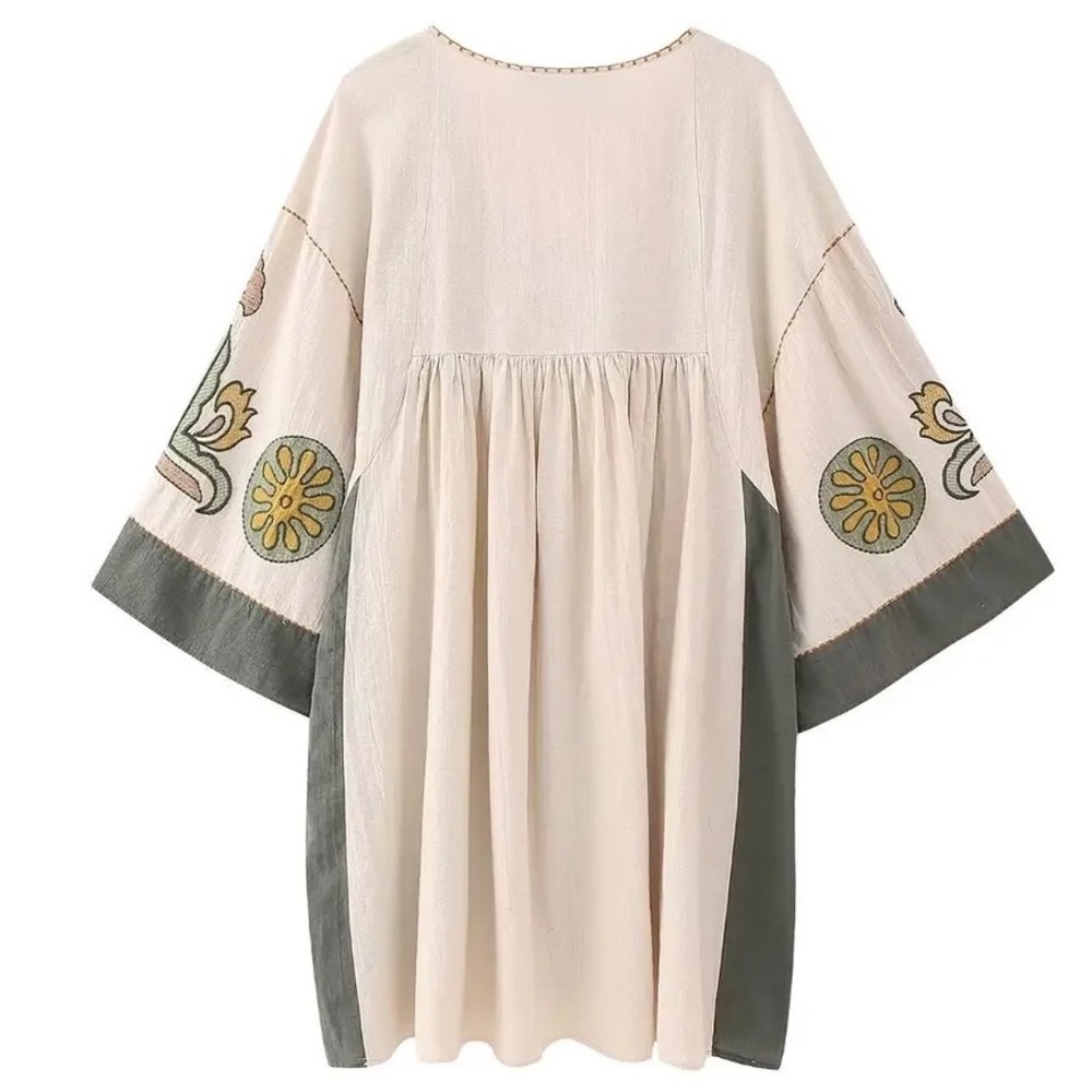 Women’s Olive / Beige V Neck Dress Embroidered Dress - Picture 4 of 6